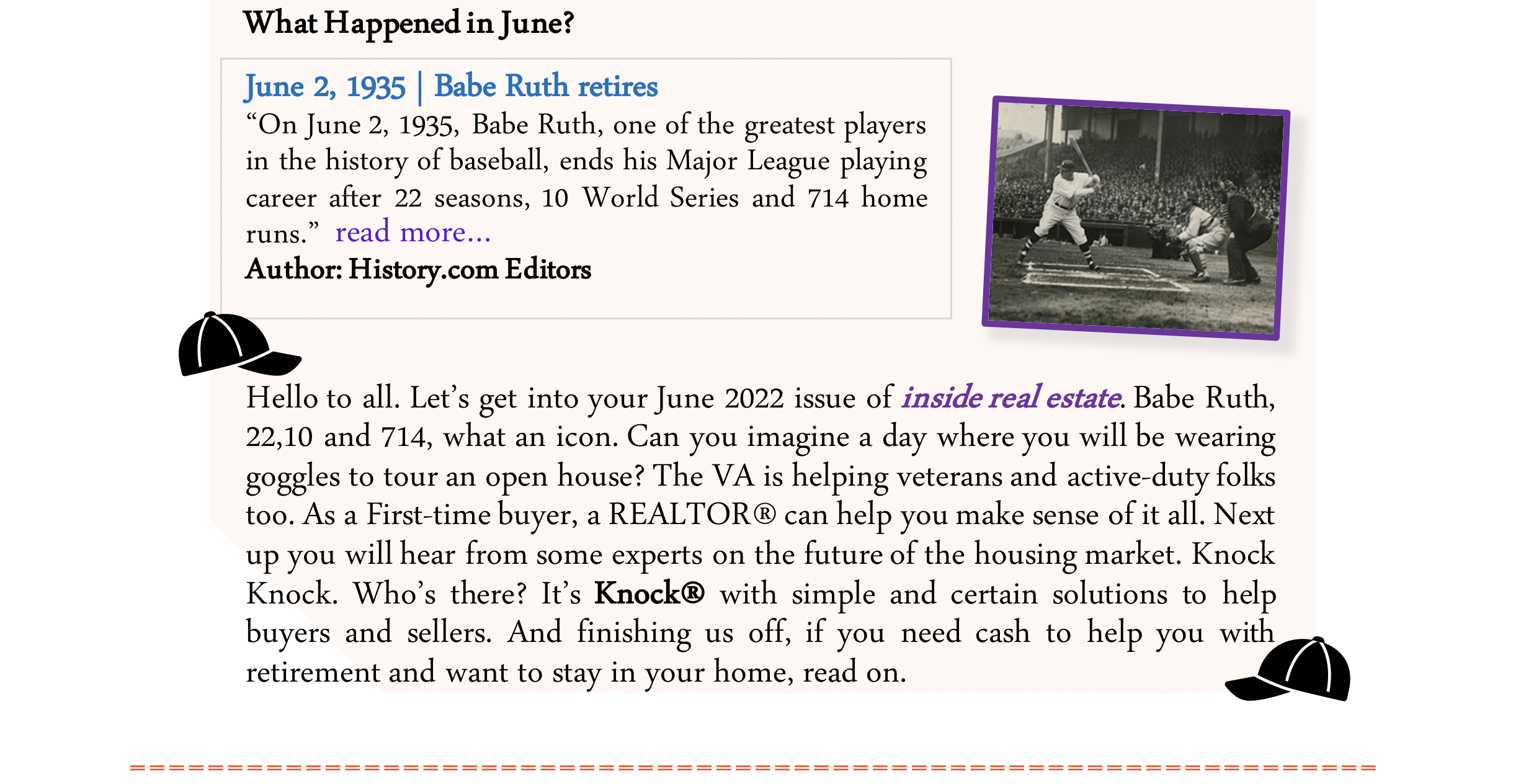 BABE RUTH ARTICLE AND INTRO TO JUNE ISSUE OF IRE