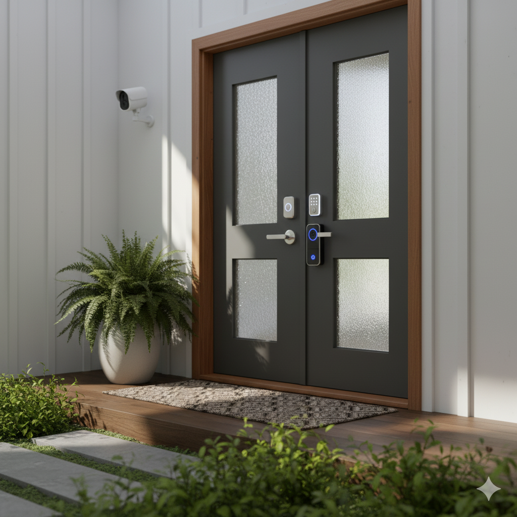 Modern home entry with smart door lock