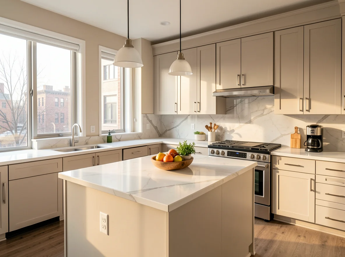 Chicago apartment kitchen refresh with bright lighting and neutral finishes