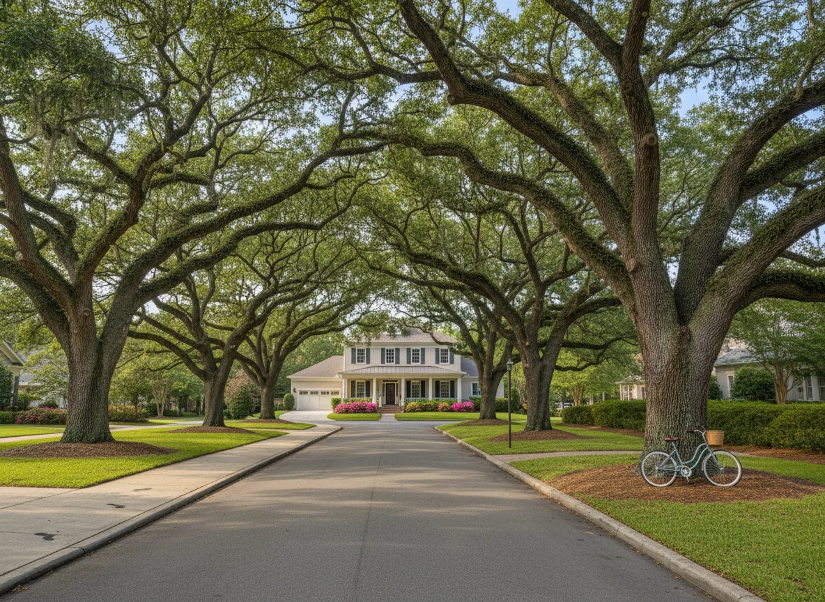 Morning neighborhood walk under oak trees in Jacksonville