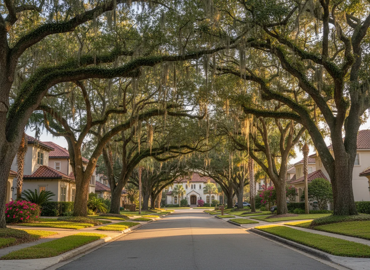 Lifestyle scene in a Jacksonville neighborhood with oak trees and Spanish moss