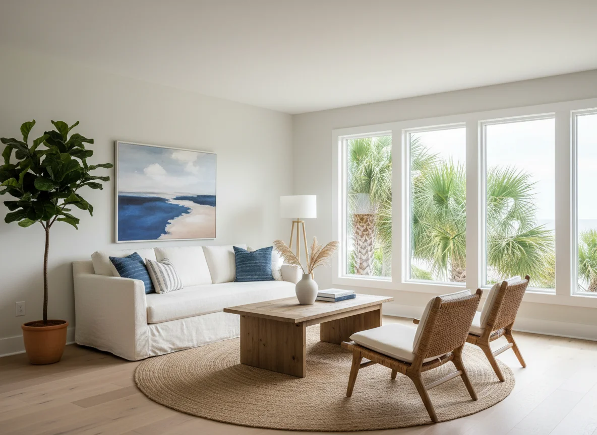 Staged neutral living room with bright natural light in Jacksonville
