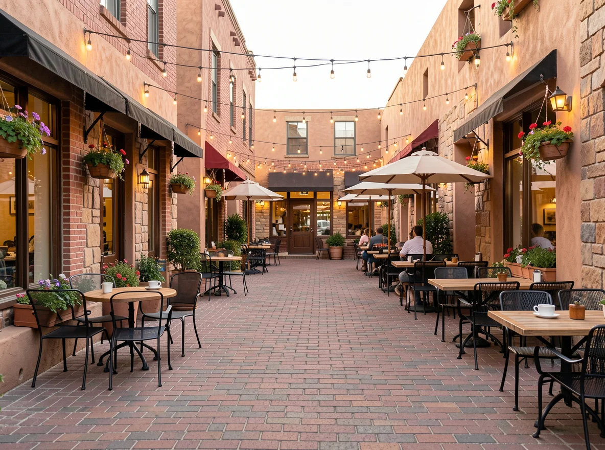 Cafe district with outdoor dining and walkable atmosphere