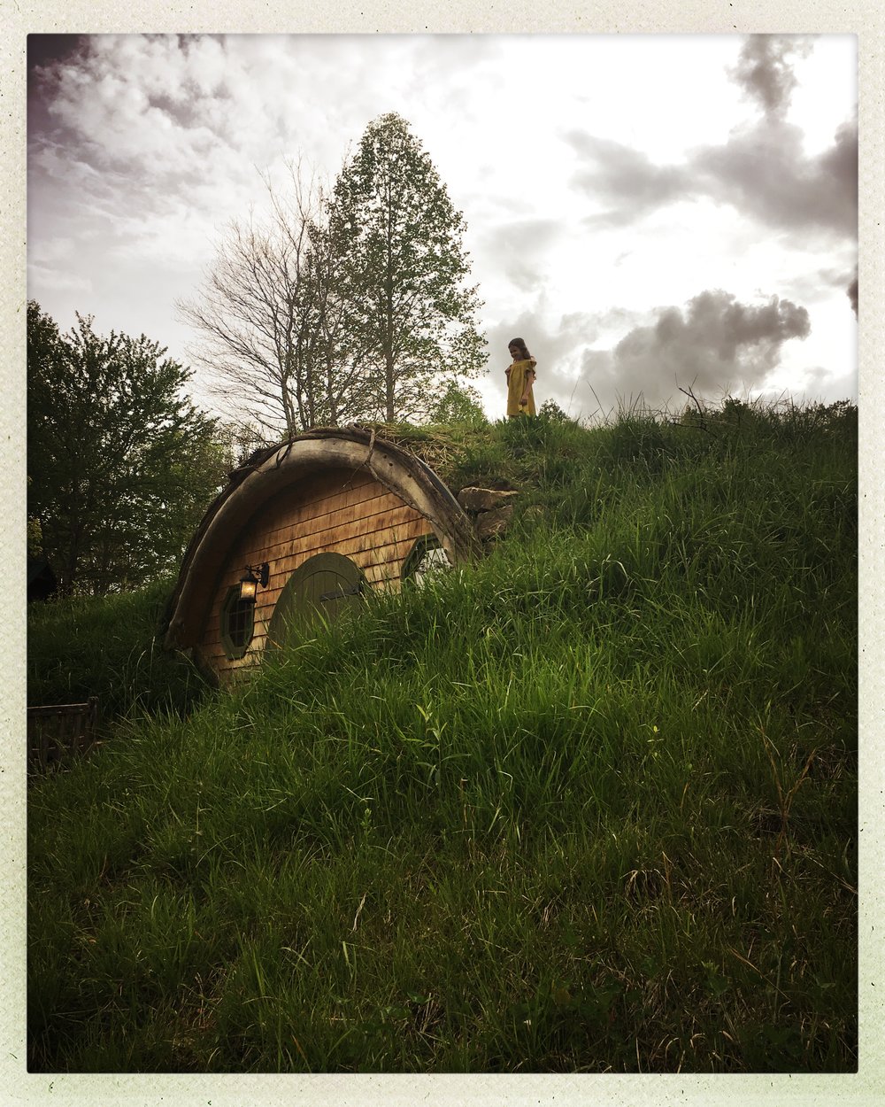 A small underground cabin with a round front door, the house is covered with grass.