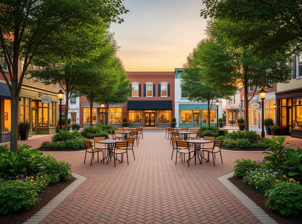 Community gathering in a tree-lined town square in Albemarle