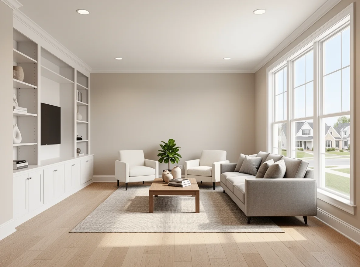 Bright staged living room with neutral finishes and natural light