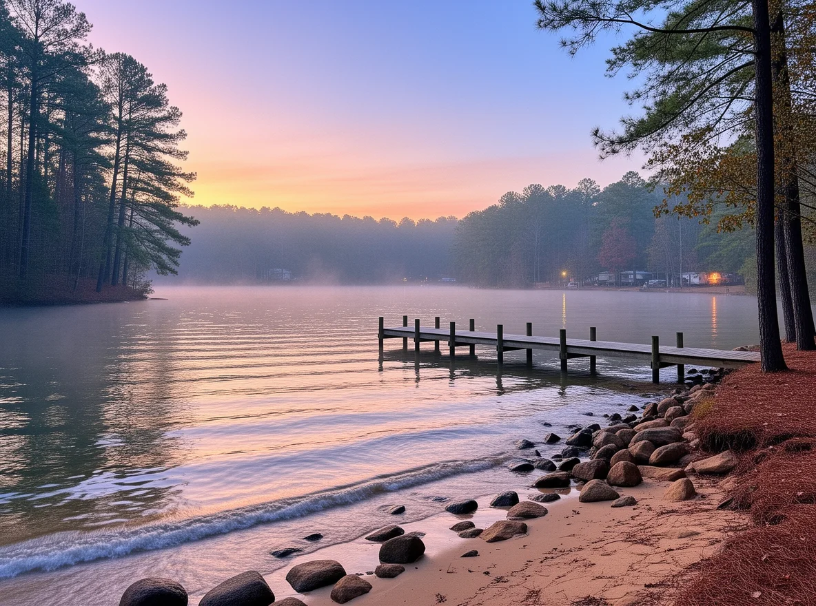 Sunrise along a calm shoreline at Lake Norman