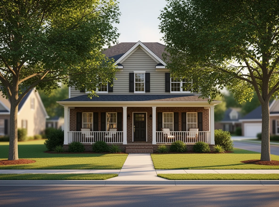 Traditional home exterior with porch and mature trees in Albemarle