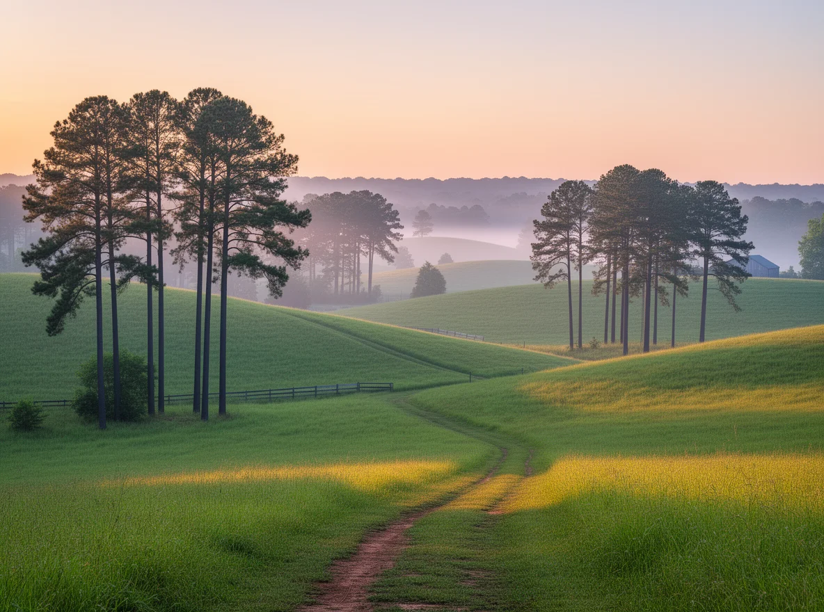 Sunrise over rolling hills and pine trees near Albemarle