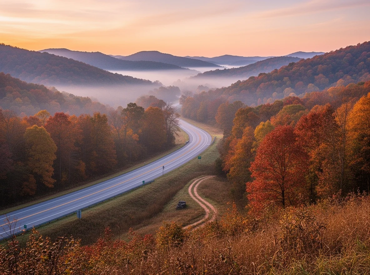 Foothills sunrise and highway in Catawba County