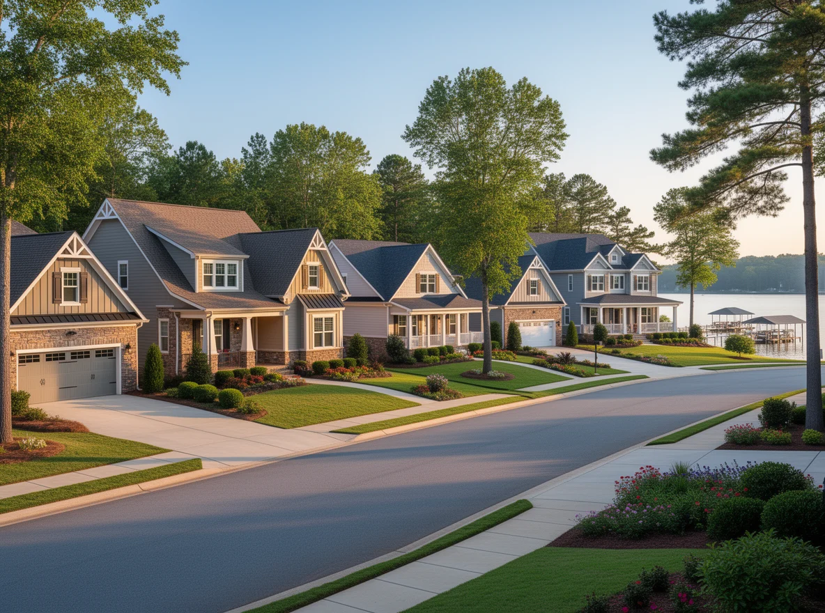 Homes in a leafy neighborhood near the lake