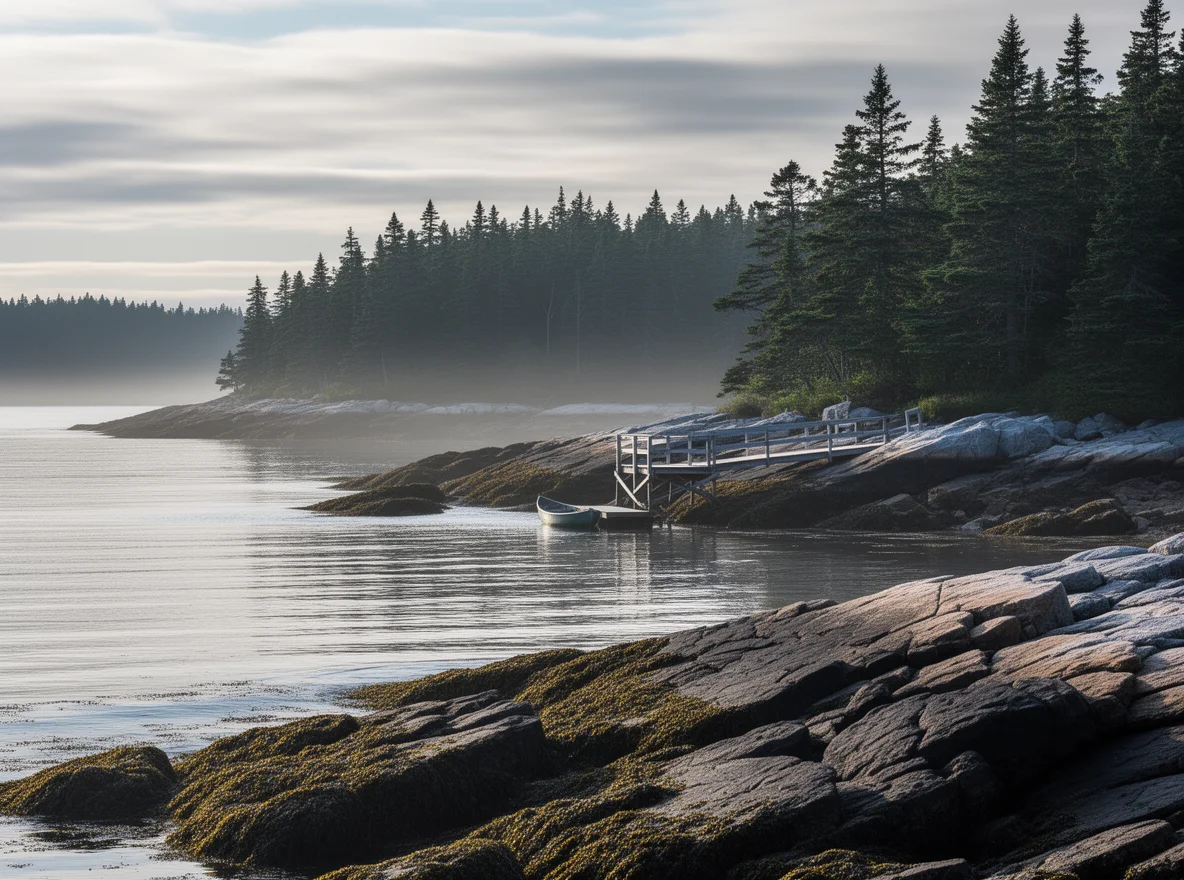 Rocky coastline and evergreens in Lincoln County, Maine