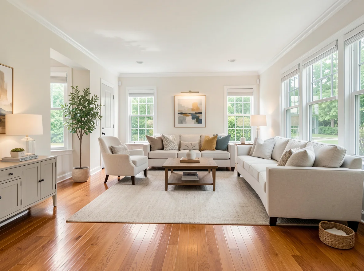Bright staged living room interior