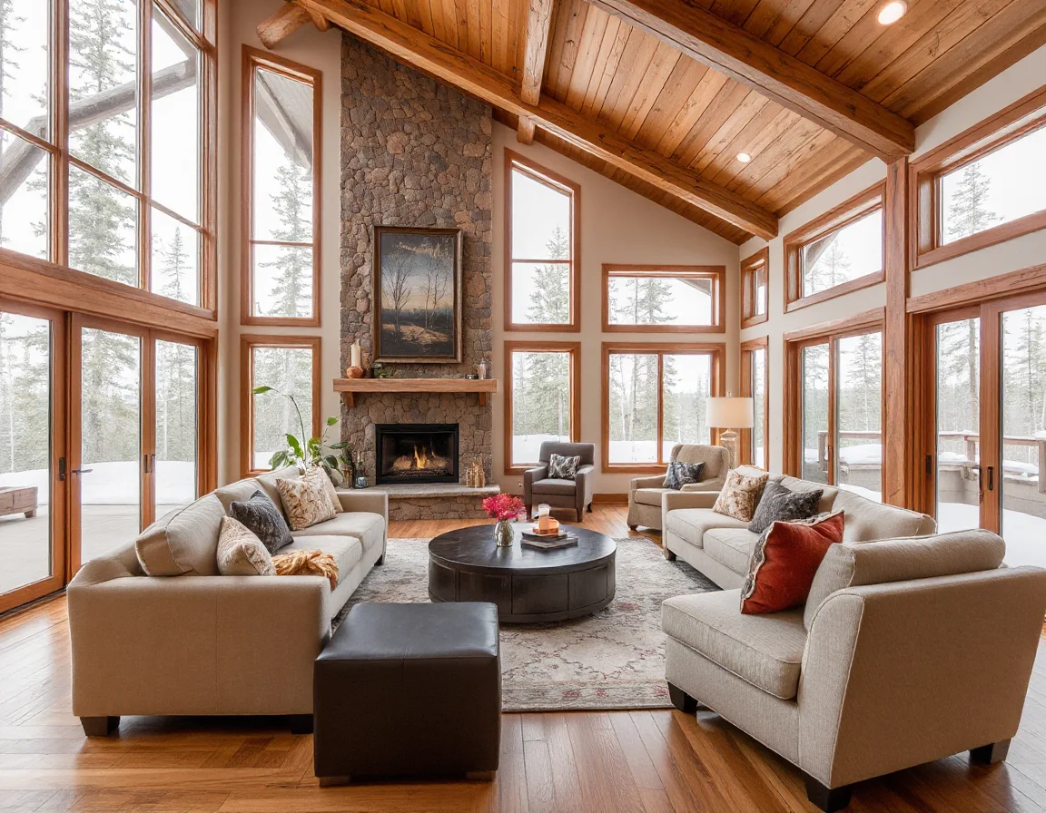 Prepared mountain home living room with natural wood details