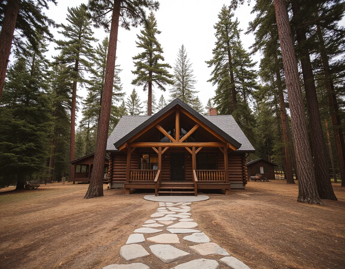 Rustic cabin surrounded by ponderosa pines near Camp Sherman