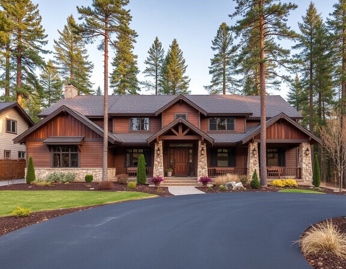 Well-maintained mountain home exterior among ponderosa pines