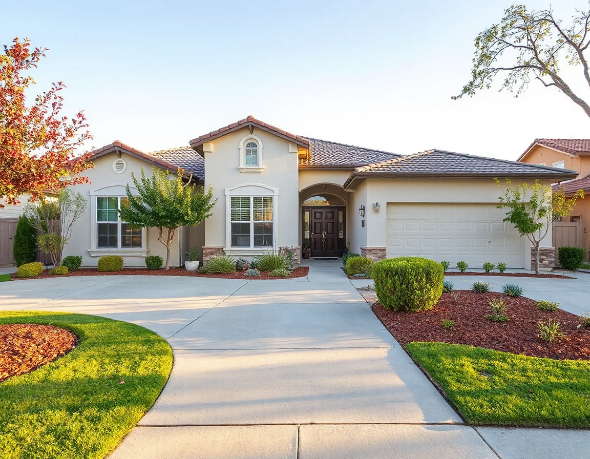 Contemporary Tustin home exterior with landscaped front yard