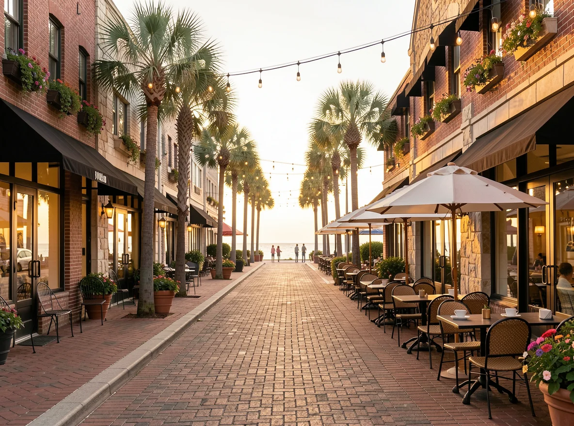 Walkable coastal shopping and dining district inspired by St. Armands and Venice