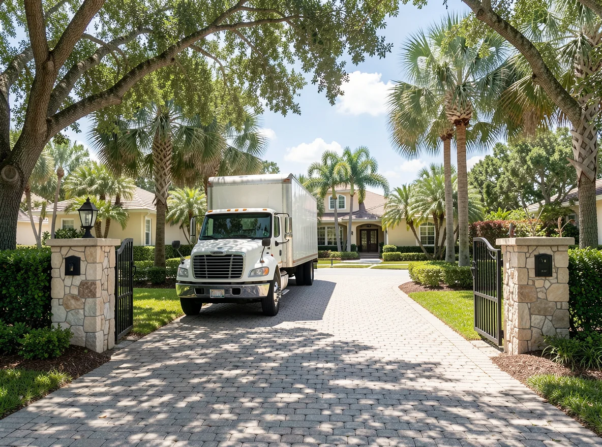 Packed moving truck arriving at a bright Florida home
