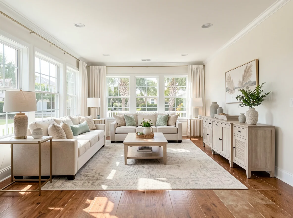 Bright Florida-inspired living room with soft neutral paint