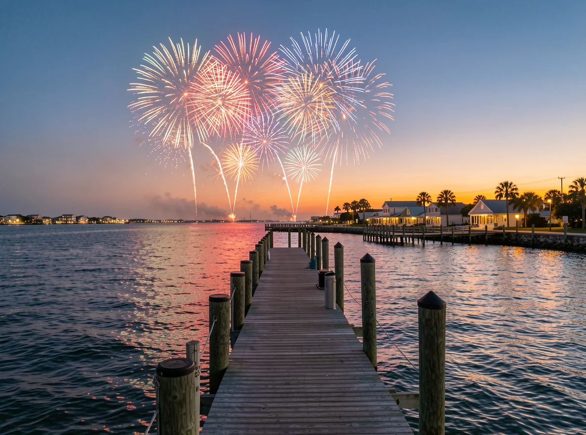 Venice Fishing Pier fireworks over the Gulf on the Fourth of July