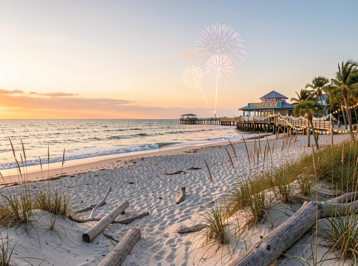 Beachfront Fourth of July celebration near Clearwater and St. Pete at sunset