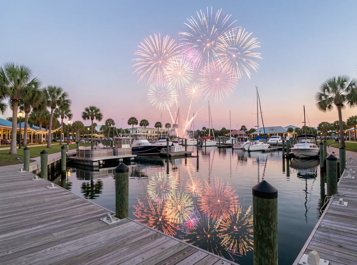 Sarasota bayfront Fourth of July fireworks with marina and coastal evening views
