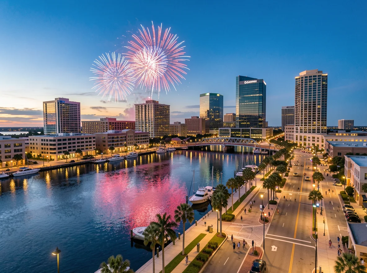 Fourth of July fireworks over a Tampa waterfront with patriotic evening atmosphere