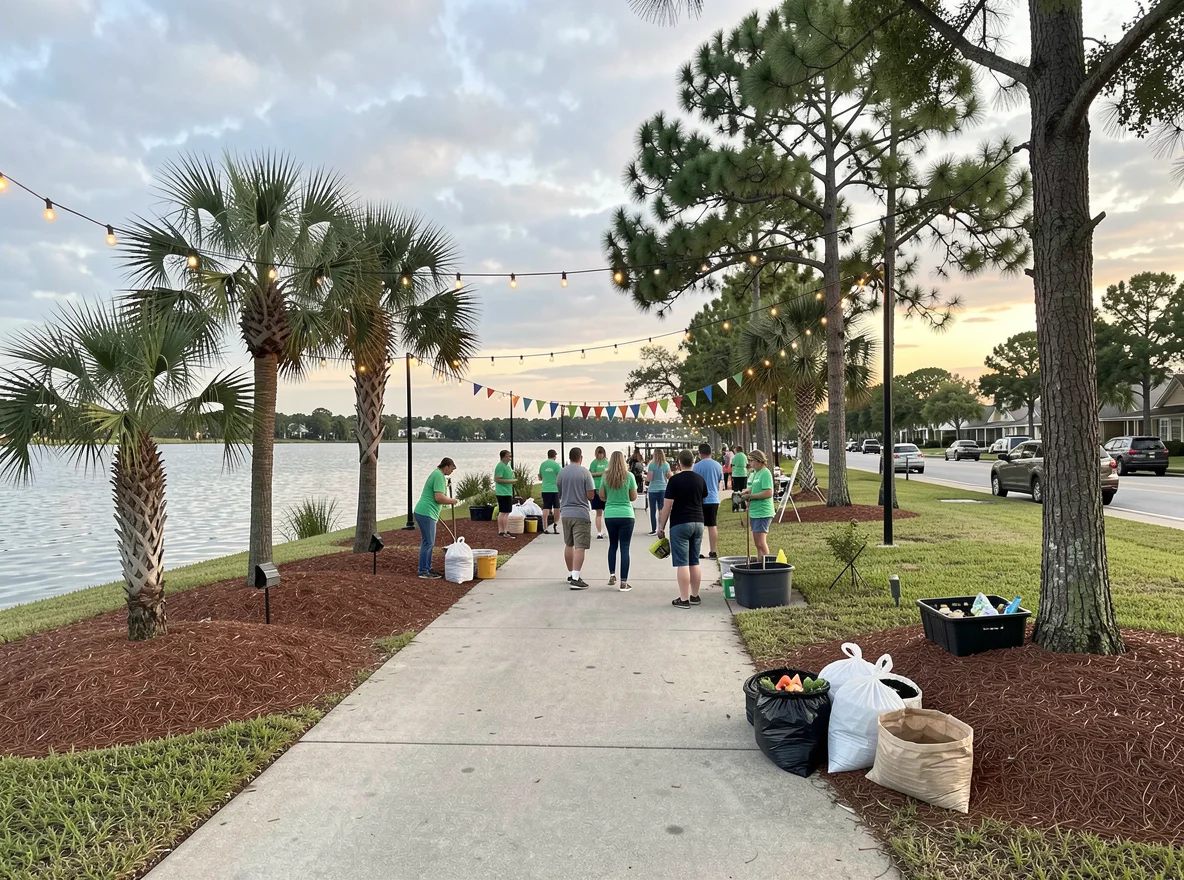 Neighbors gathering for an Earth Day tree planting event in a Florida neighborhood