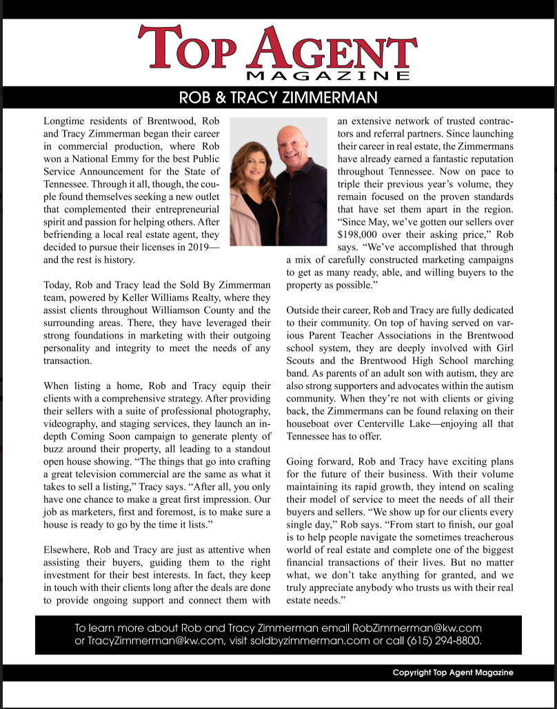 Rob and Tracy Featured in Top Agent Magazine