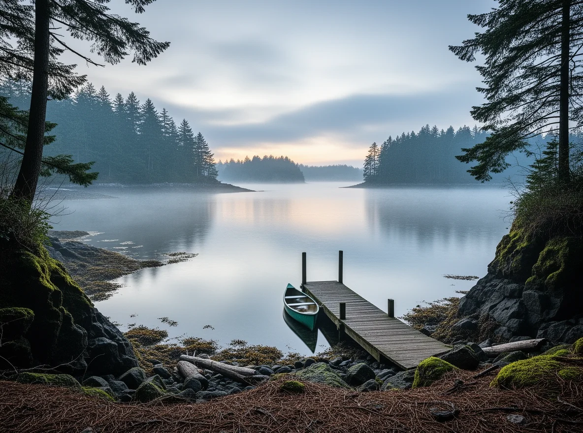 Misty Puget Sound shoreline and evergreens in Seattle