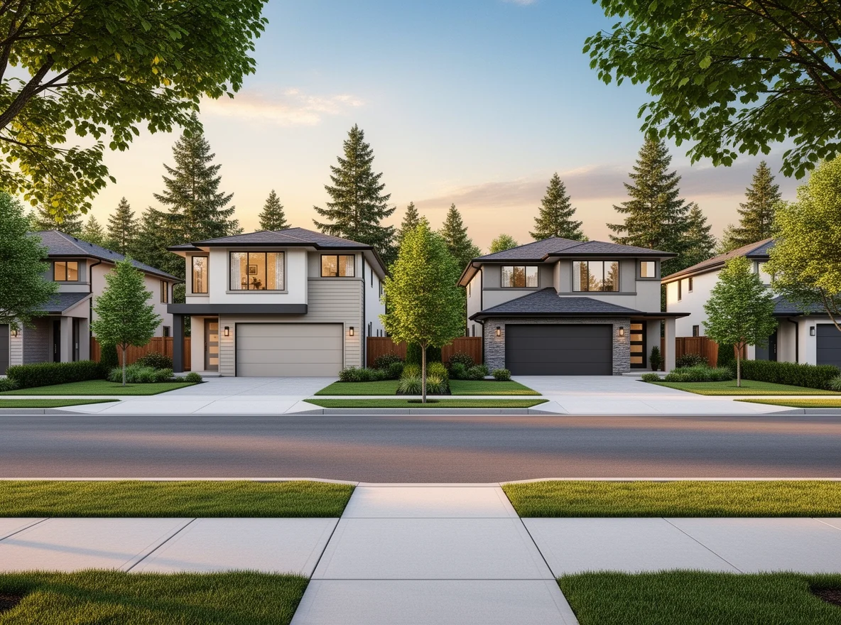 Quiet Eastside residential street with modern homes and trees