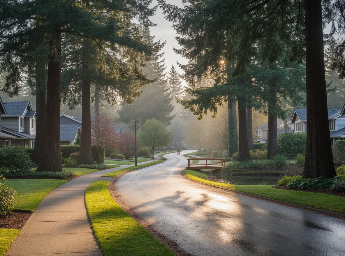 Tree-lined neighborhood street in Redmond, Washington