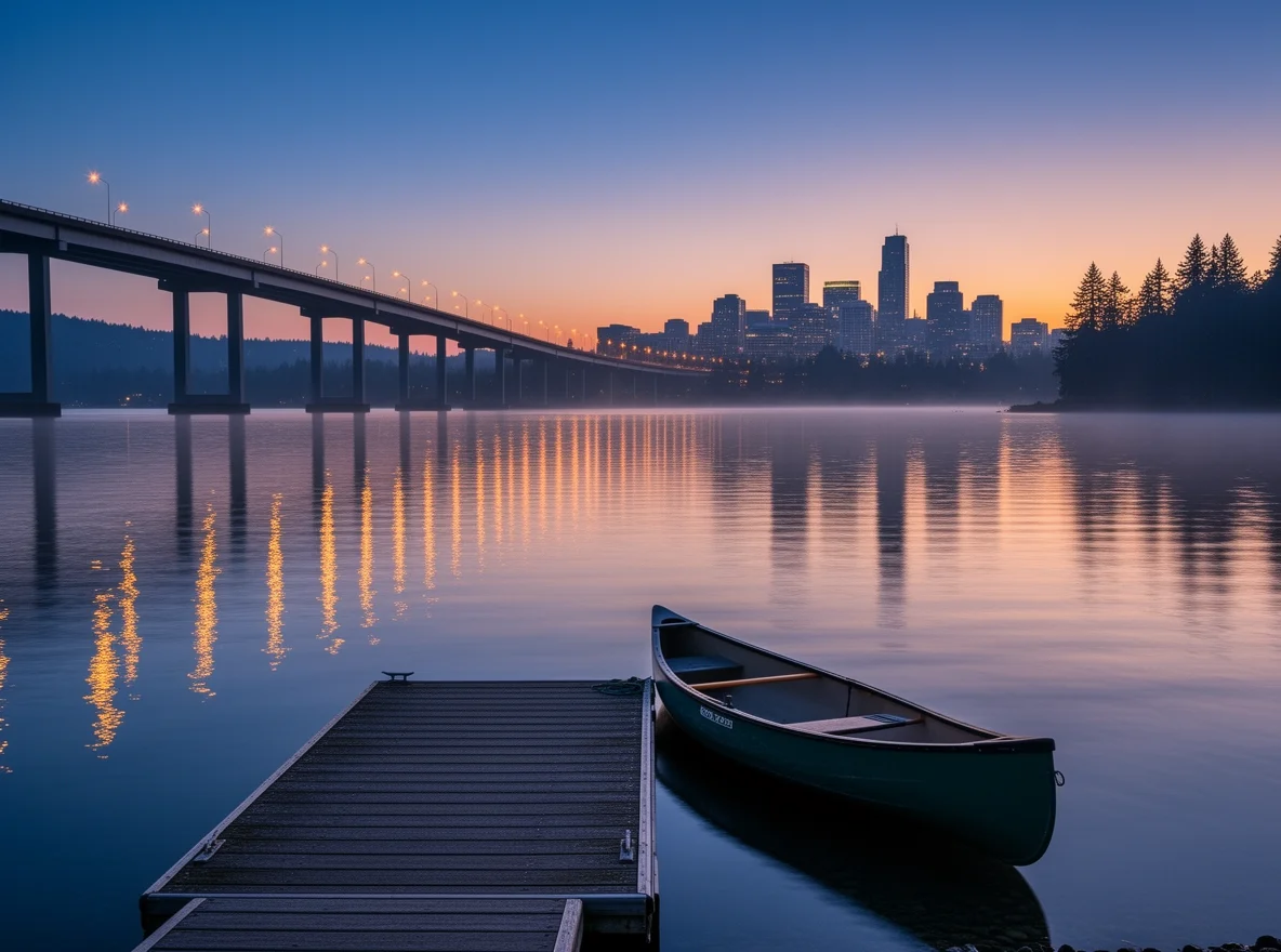 I-90 crossing Lake Washington toward Seattle at dusk