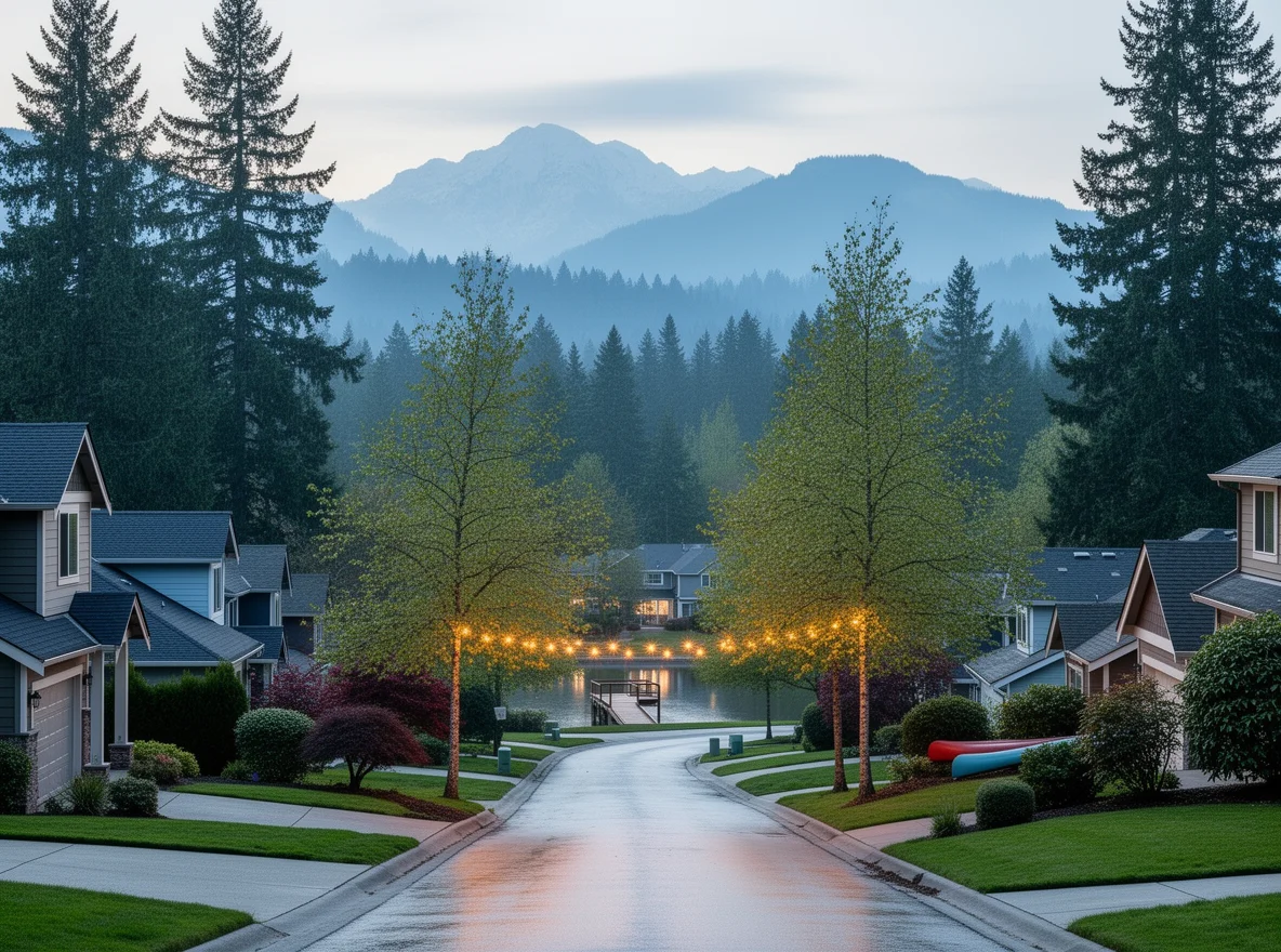 Quiet tree-lined Bellevue neighborhood with Pacific Northwest greenery