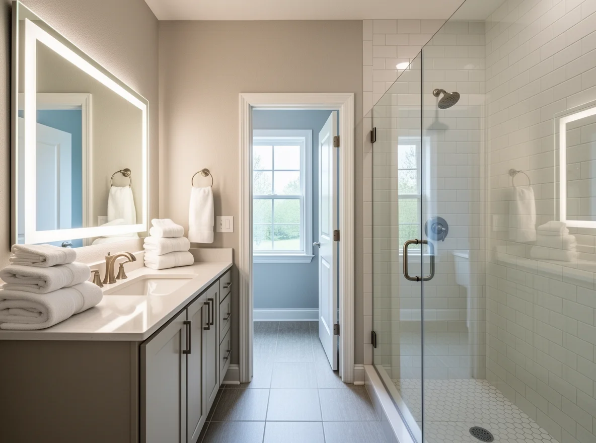 Fresh, bright bathroom staged with clean towels