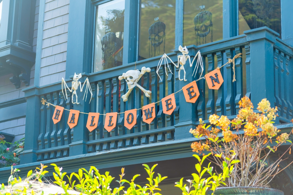 Halloween banner hanging on a balcony