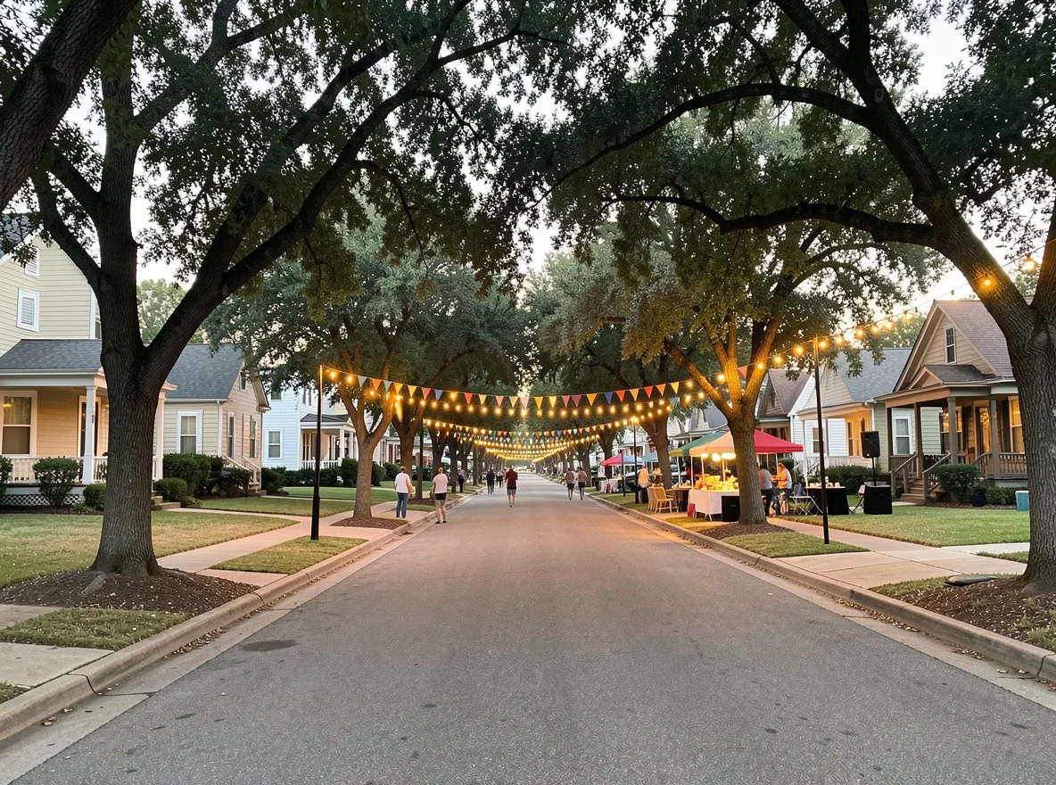 Austin neighborhood street with mature trees and homes
