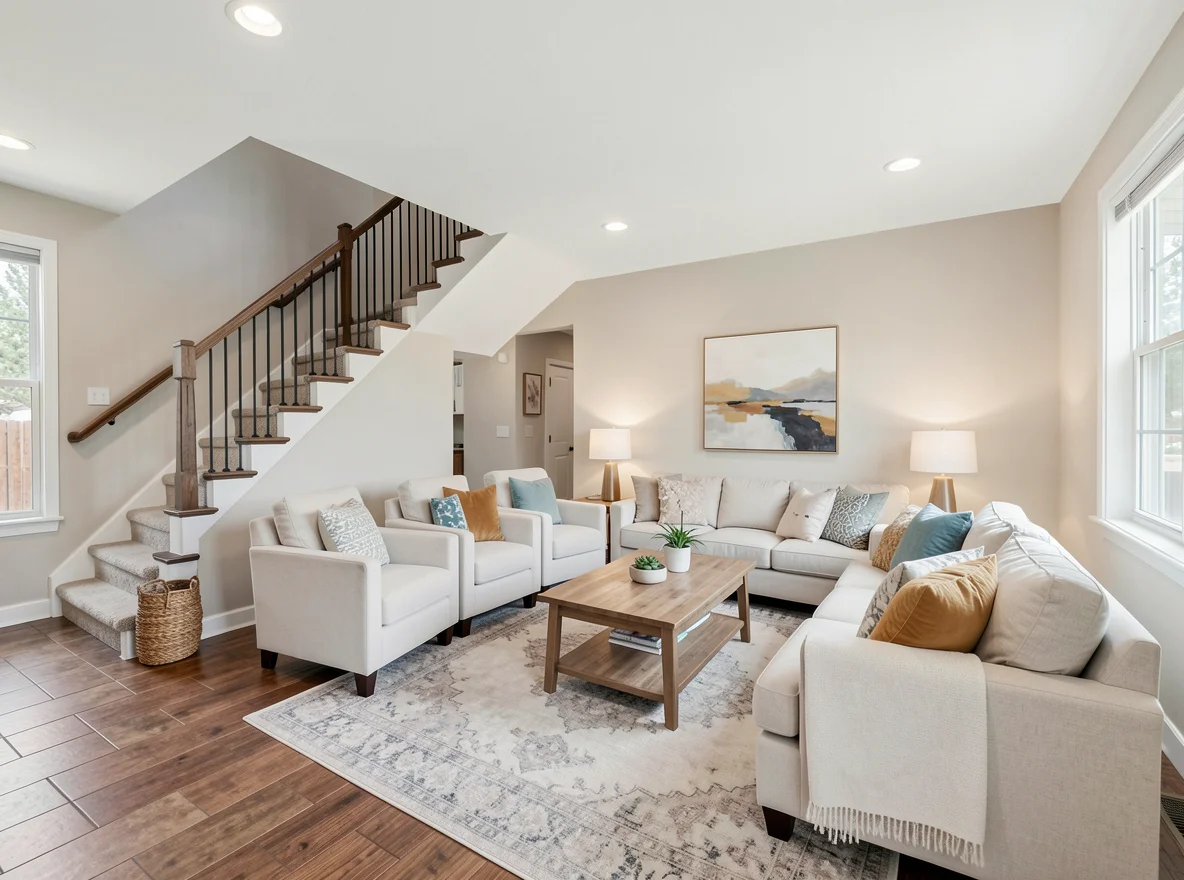 Bright staged interior showing a flexible family living space