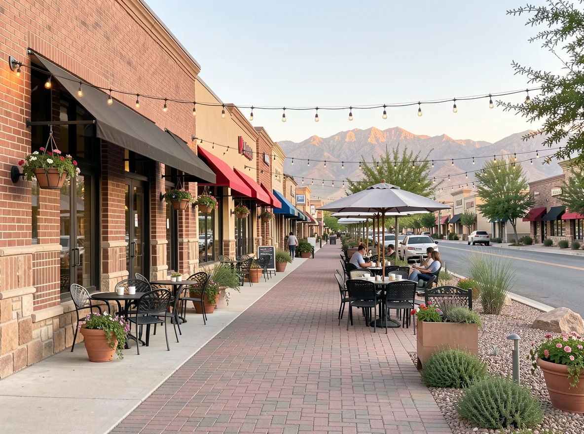 Peoria streetscape with shopping and dining character