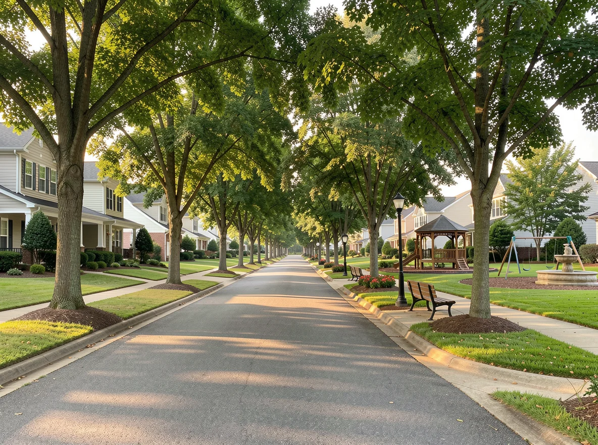 Tree-lined residential street in Mableton, Georgia