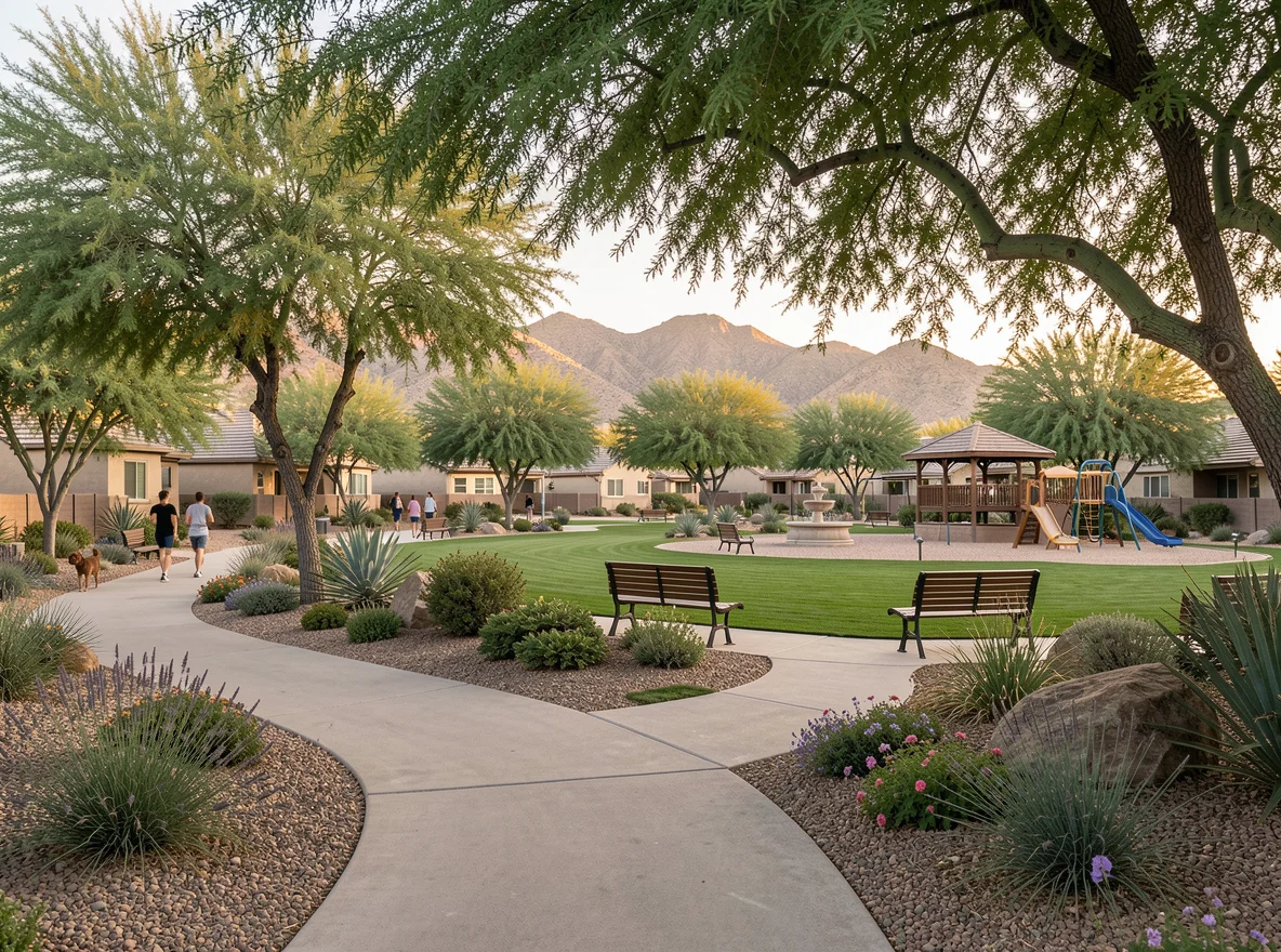 Phoenix neighborhood park and residential streetscape