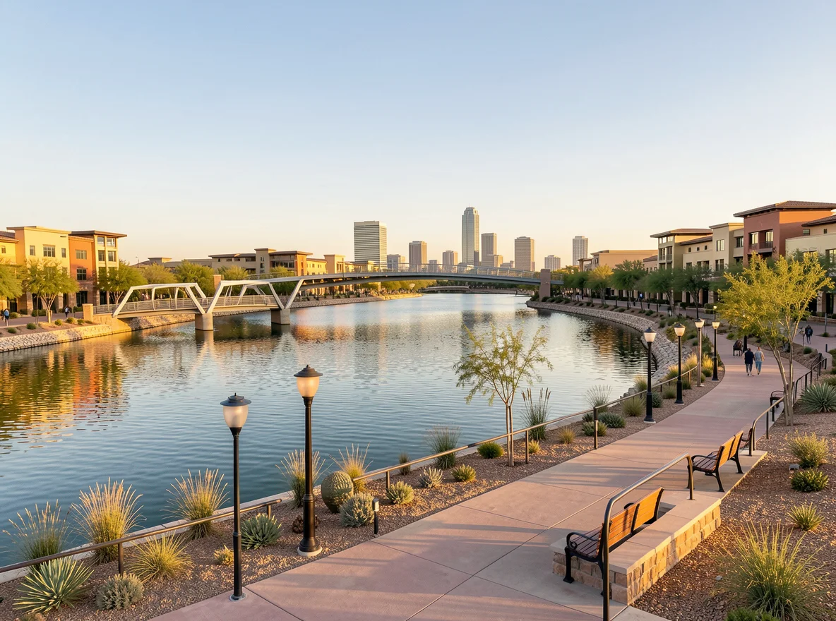 Tempe Town Lake waterfront path and skyline