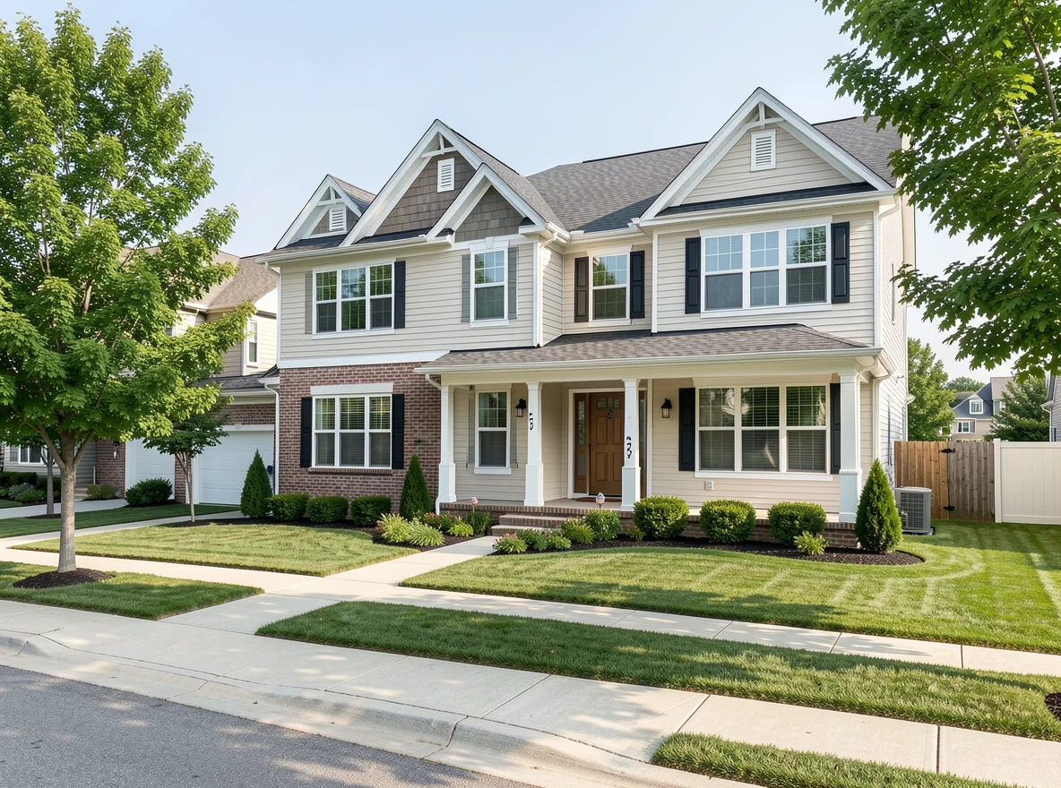 Harveston neighborhood streetscape with homes and sidewalks