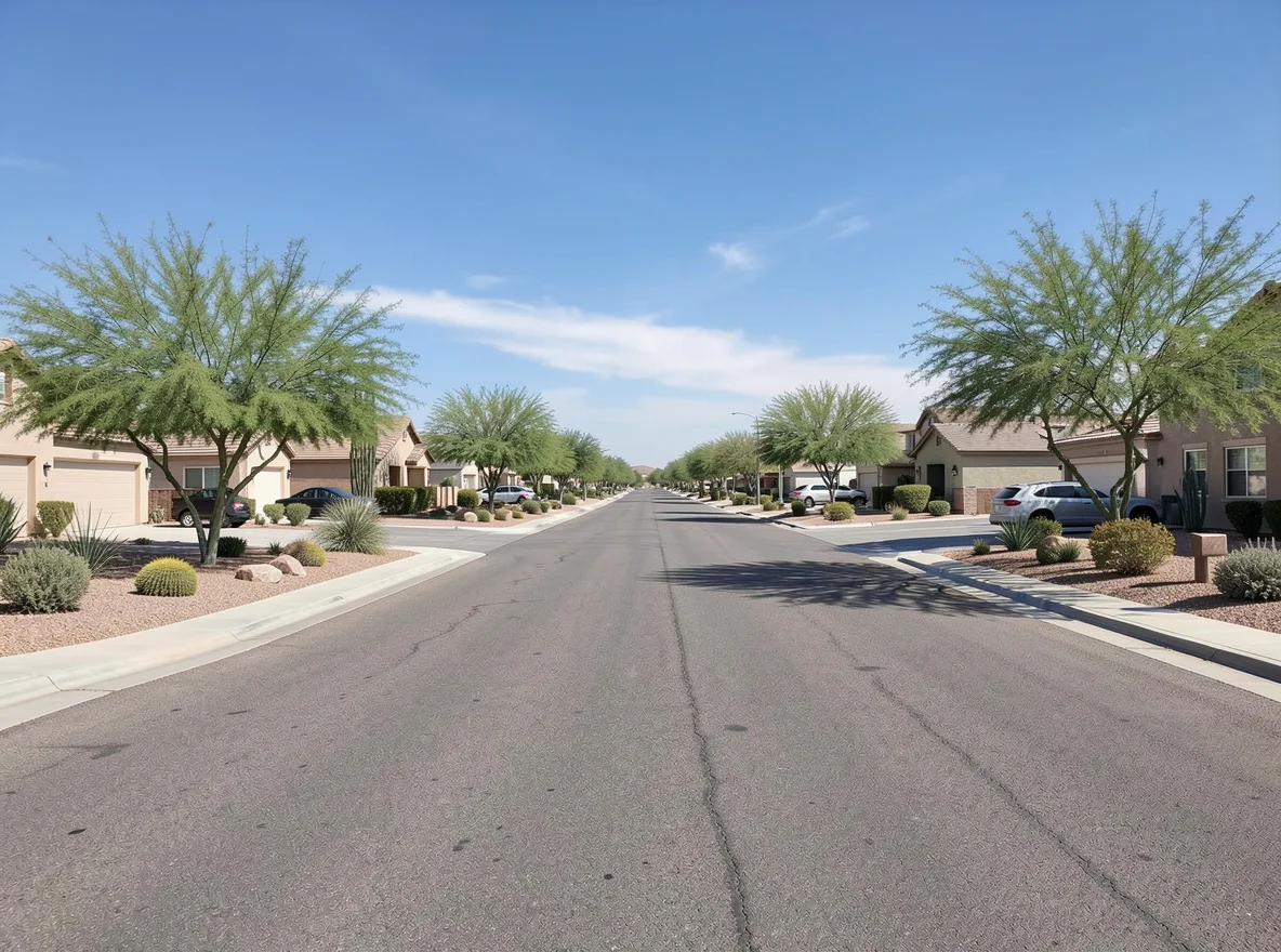 People-free neighborhood streetscape in St George