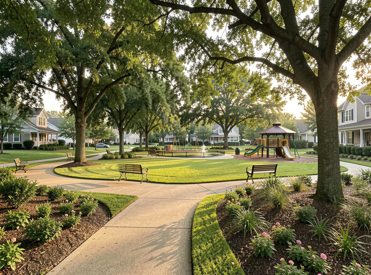 People-free green space and walking path in Rouzan with residential surroundings