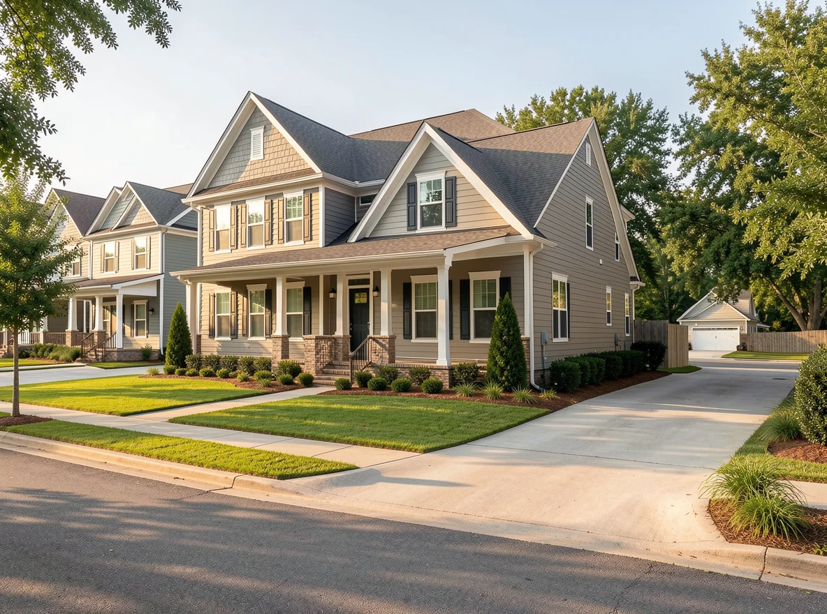 People-free Rouzan neighborhood streetscape with newer homes and landscaped sidewalks