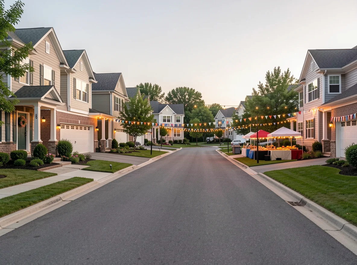 People-free neighborhood entrance and homes in Lexington Estates