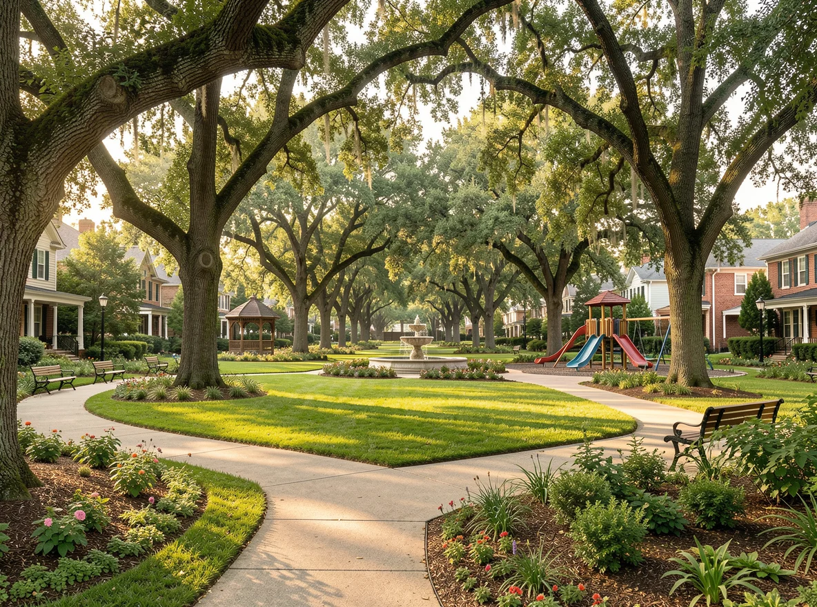 Shaded neighborhood green space near the Garden District