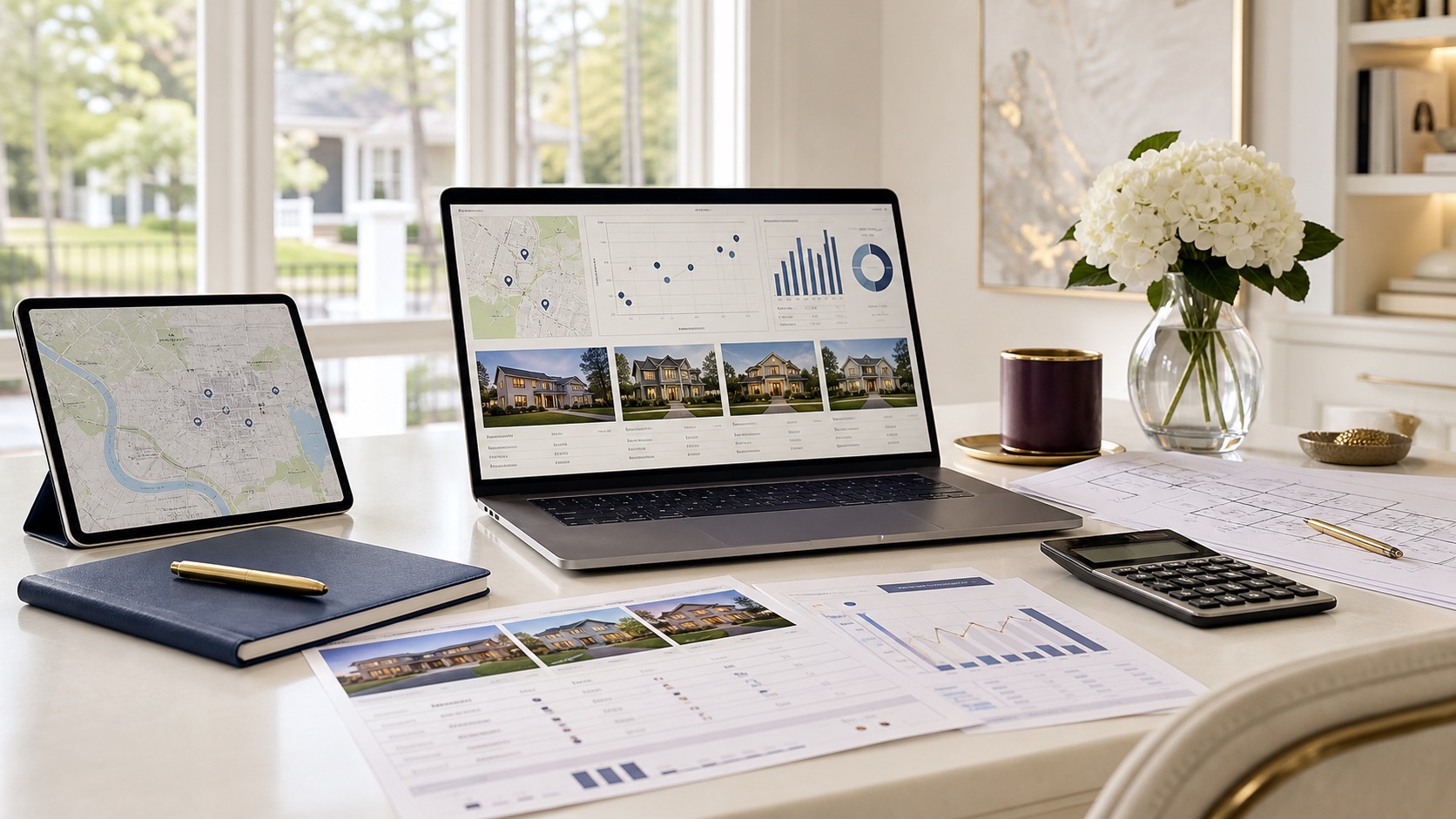 Professional real estate market research workspace with laptop, tablet, comparable-property analysis, and neighborhood mapping